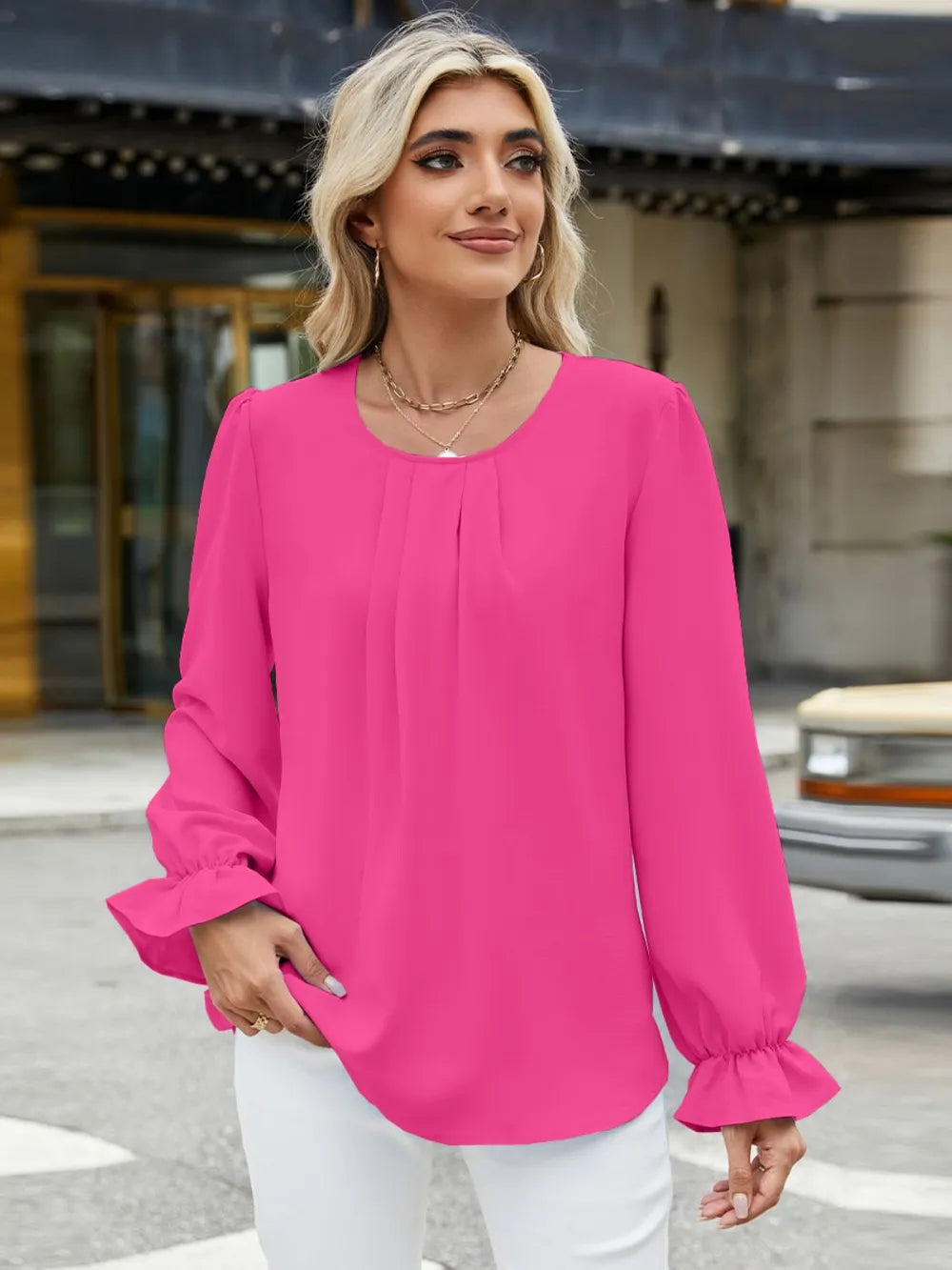 Round Neck Flounce Sleeve Top