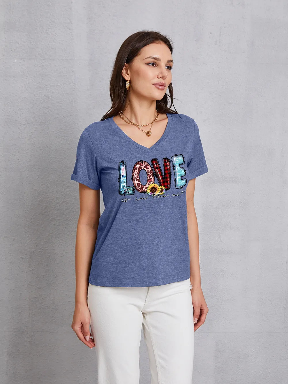 Letter Graphic V-Neck Short Sleeve T-Shirt