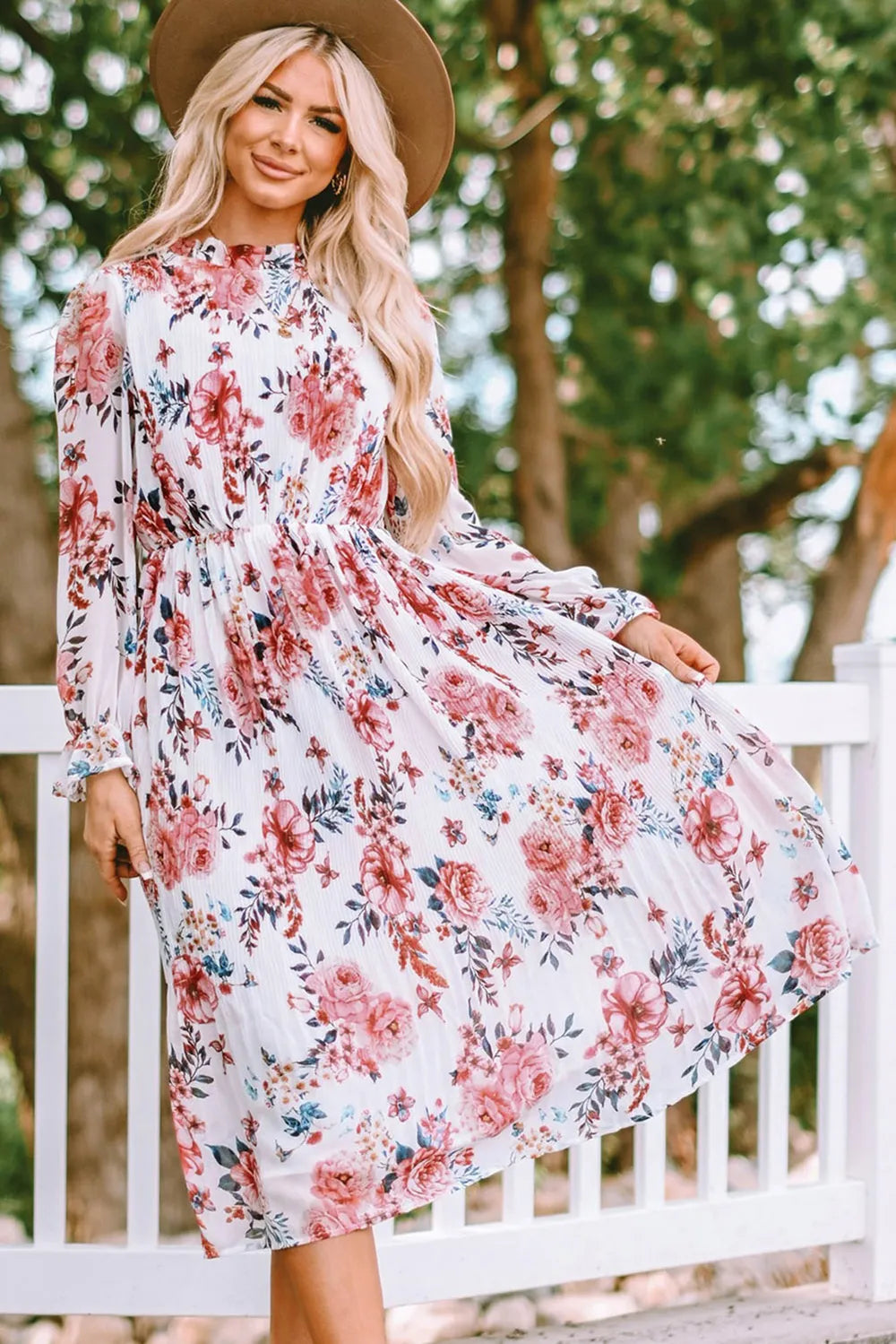 Floral Mock Neck Flounce Sleeve Midi Dress