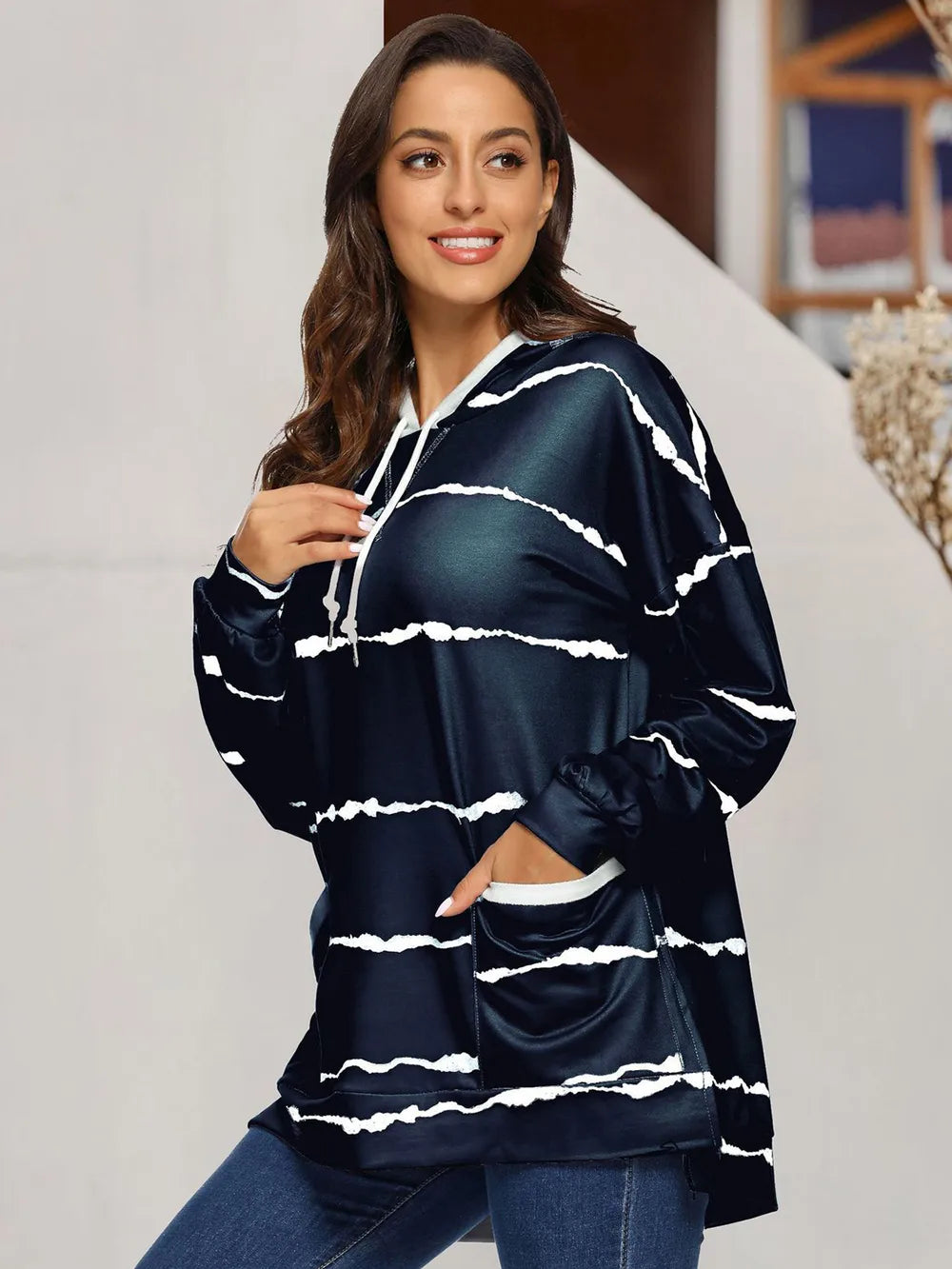 Striped Drawstring Hoodie with Pockets