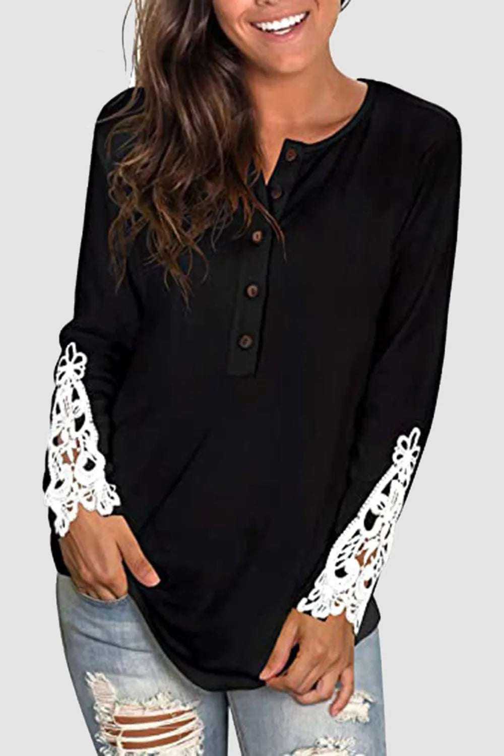 Lace Detail Button Front T-Shirt