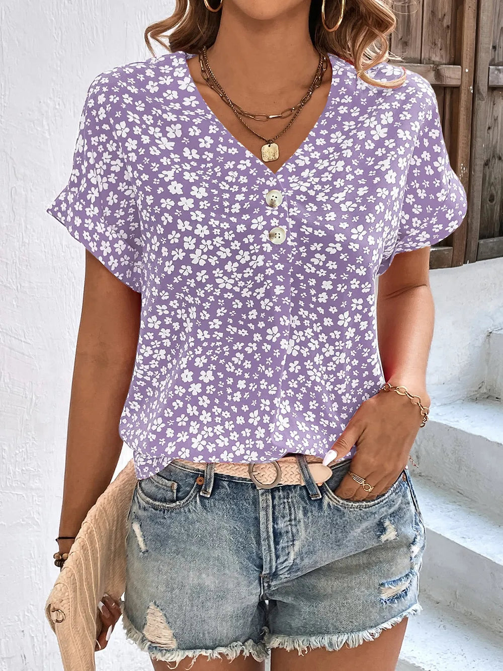 Printed V-Neck Short Sleeve Blouse