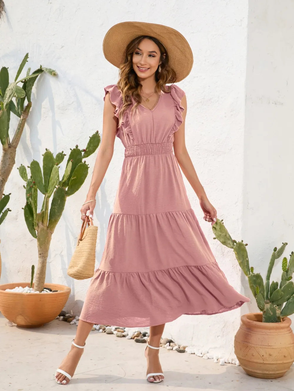 Tiered Ruffled V-Neck Cap Sleeve Dress