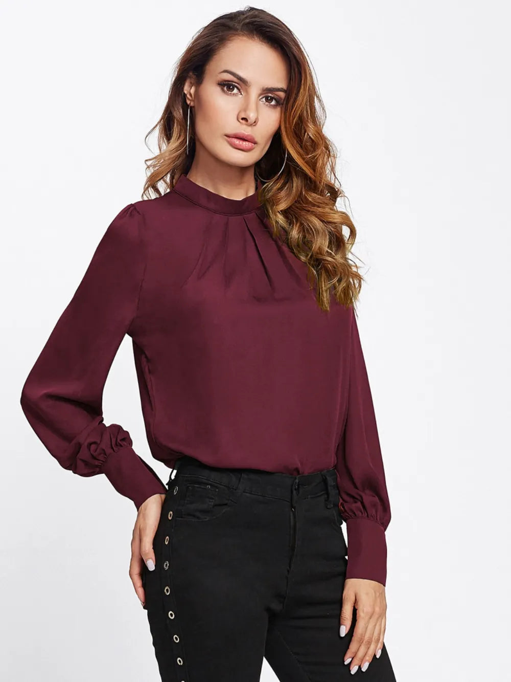 Mock Neck Lantern Sleeve Shirt