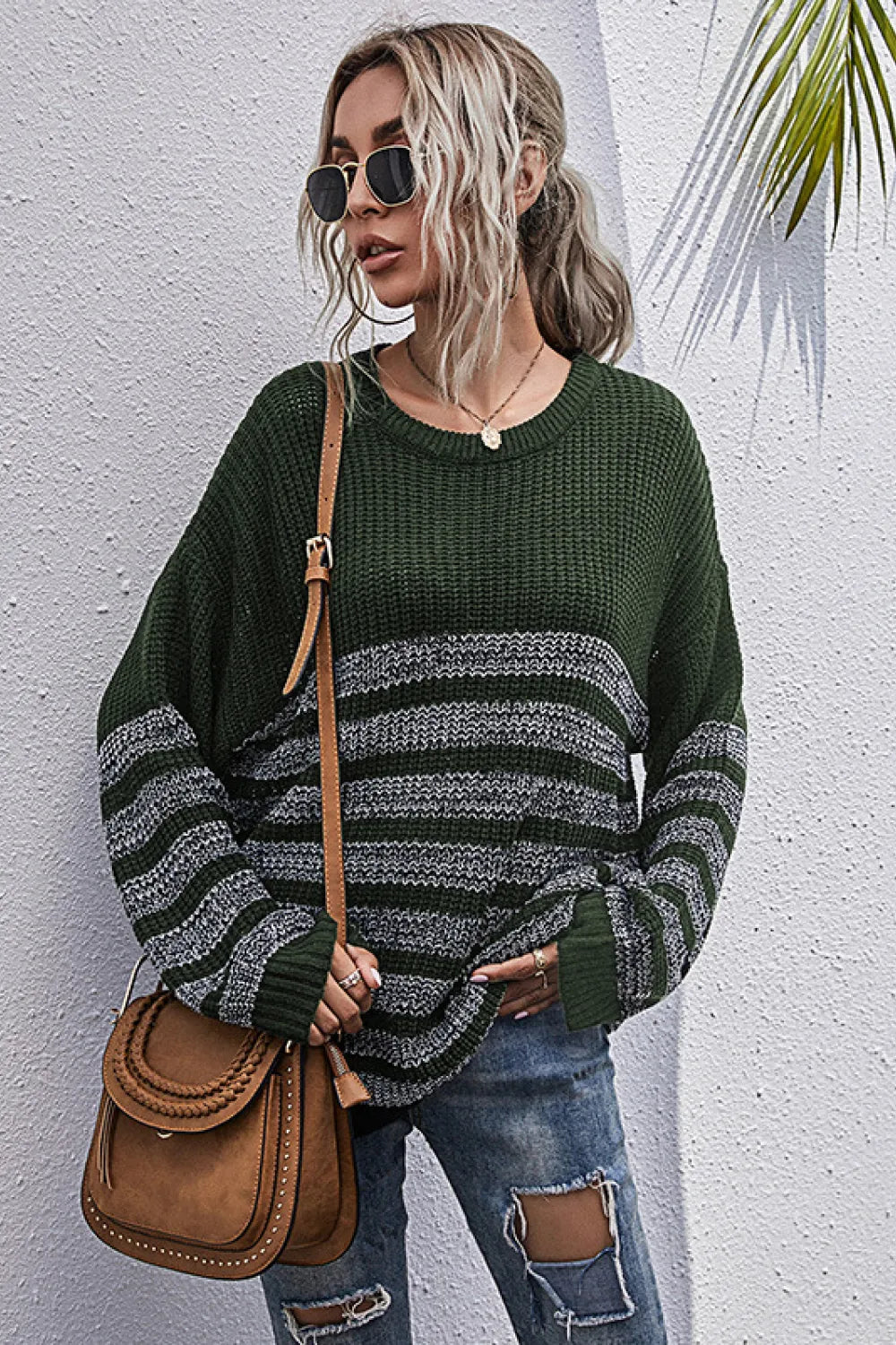 Striped Drop Shoulder Chunky Knit Sweater