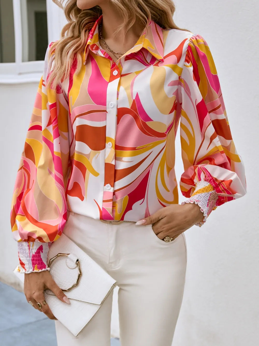 Printed Button Up Lantern Sleeve Shirt