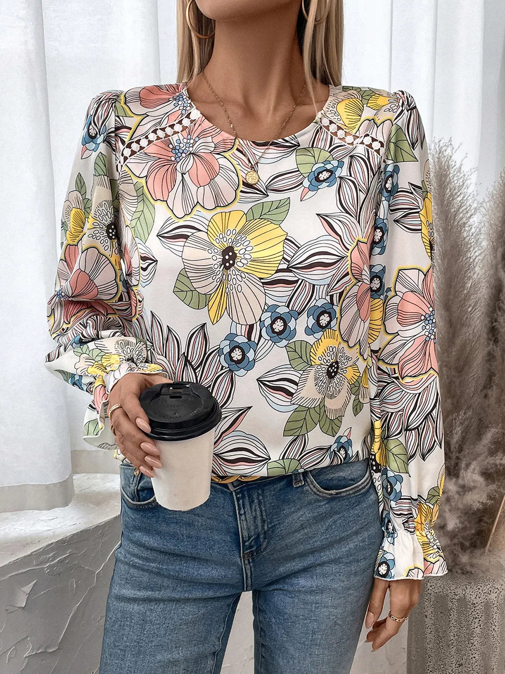 Printed Round Neck Flounce Sleeve Blouse