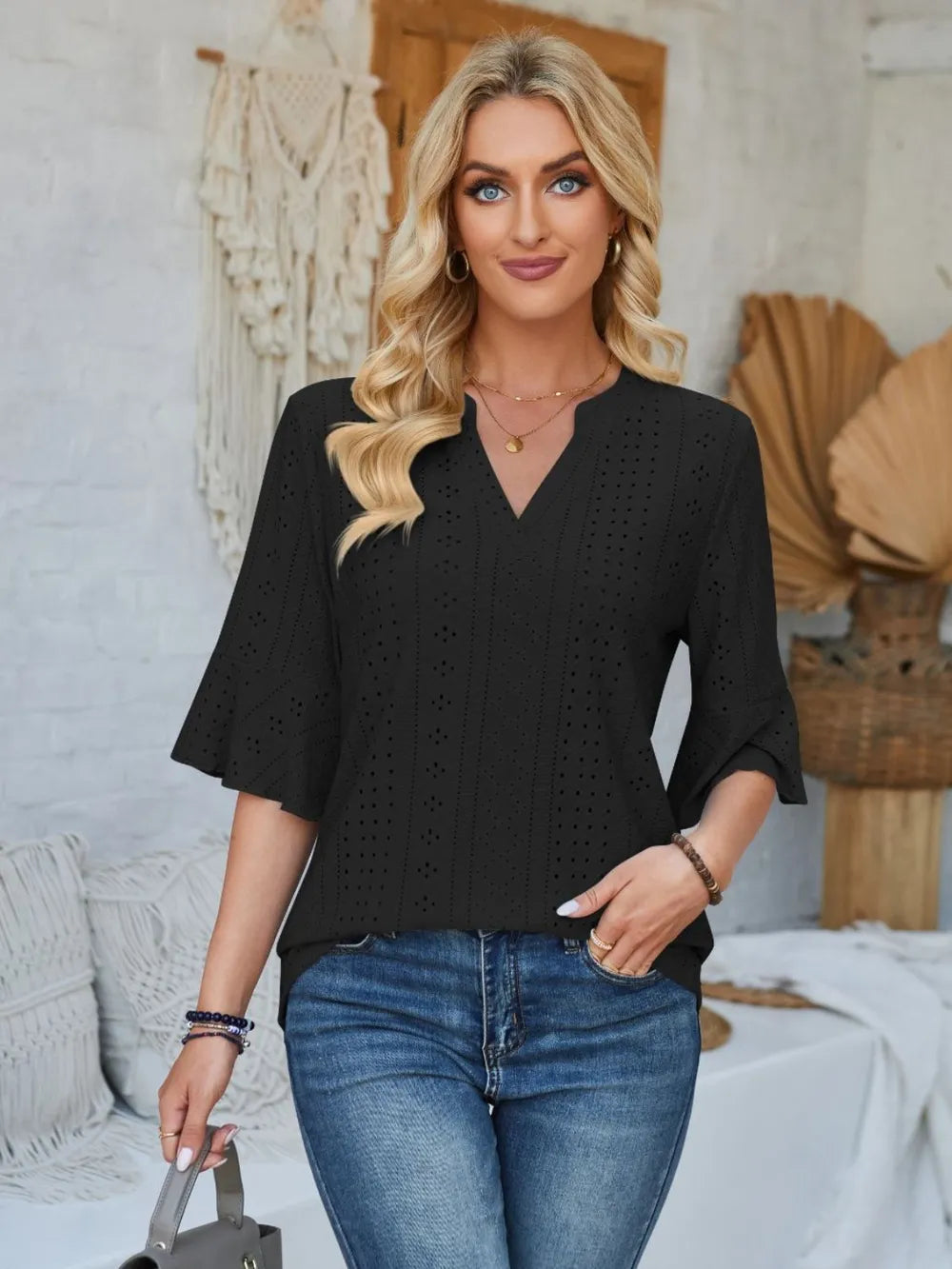 Eyelet Notched Half Sleeve T-Shirt