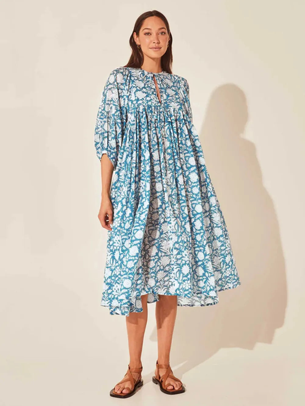 Floral Tie Neck Lantern Sleeve Dress