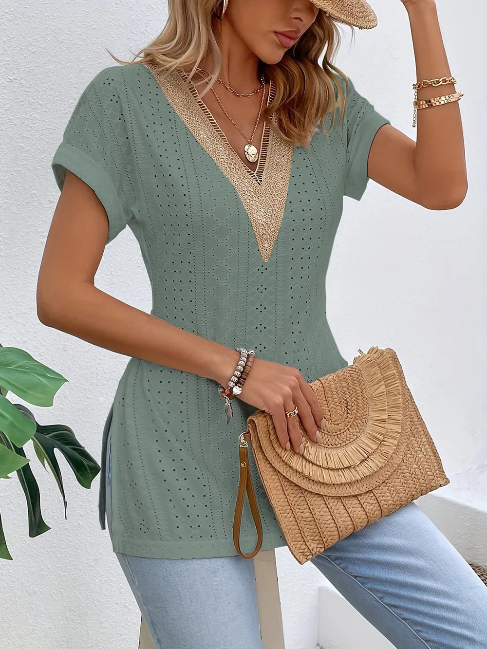 Slit Eyelet V-Neck Short Sleeve Blouse