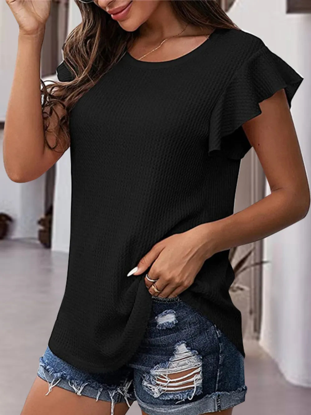 Waffle-Knit Round Neck Cap Sleeve Blouse