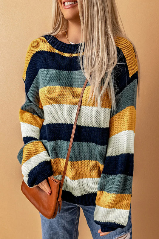 Woven Right Striped Dropped Shoulder Knitted Pullover Sweater