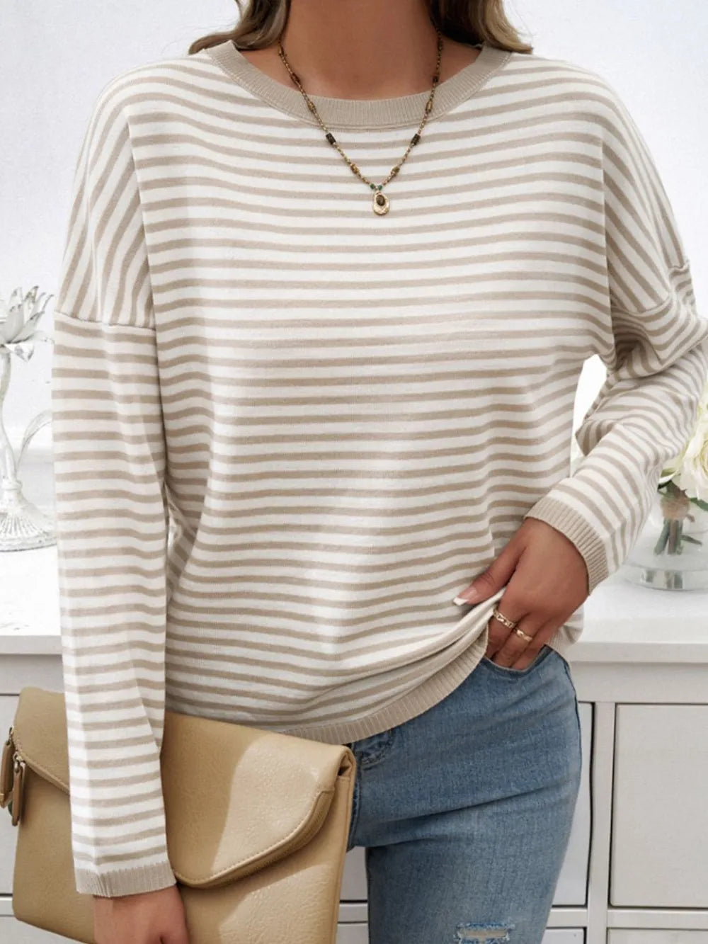 Striped Round Neck Dropped Shoulder Sweater