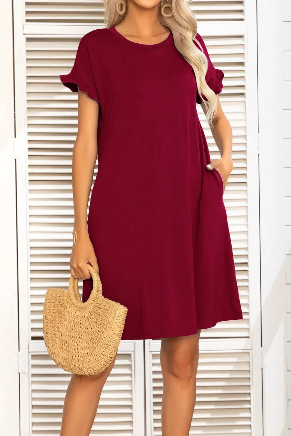 Flounce Sleeve Round Neck Dress with Pockets