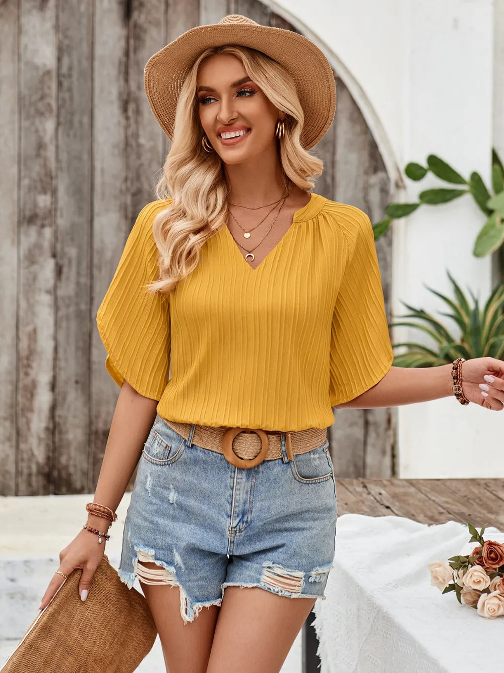 Notched Slit Half Sleeve Blouse