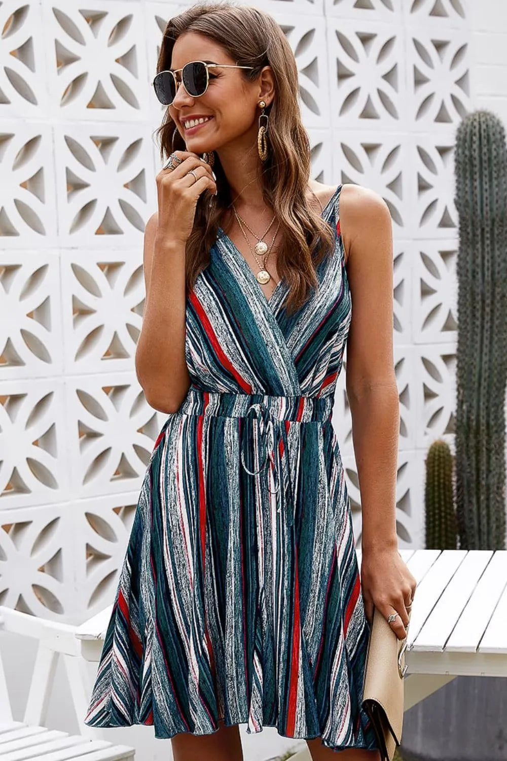 Striped Surplice Neck Spaghetti Strap Dress