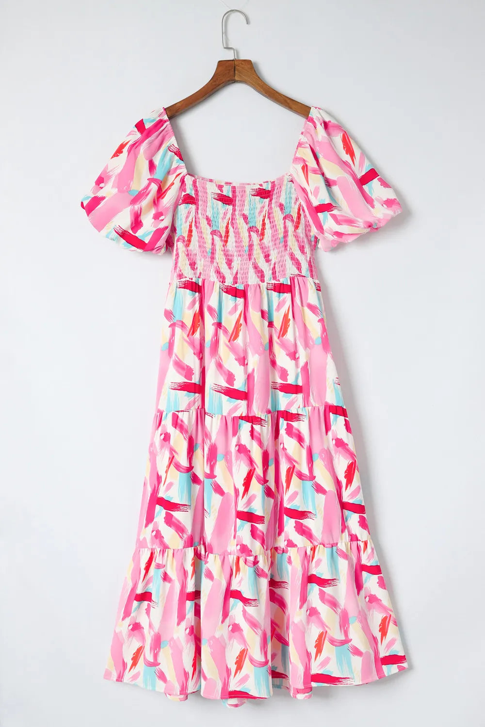 Printed Square Neck Tied Smocked Dress