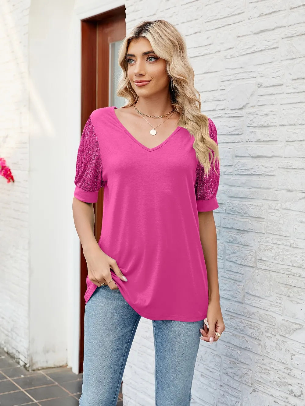 Sequin V-Neck Short Sleeve Blouse