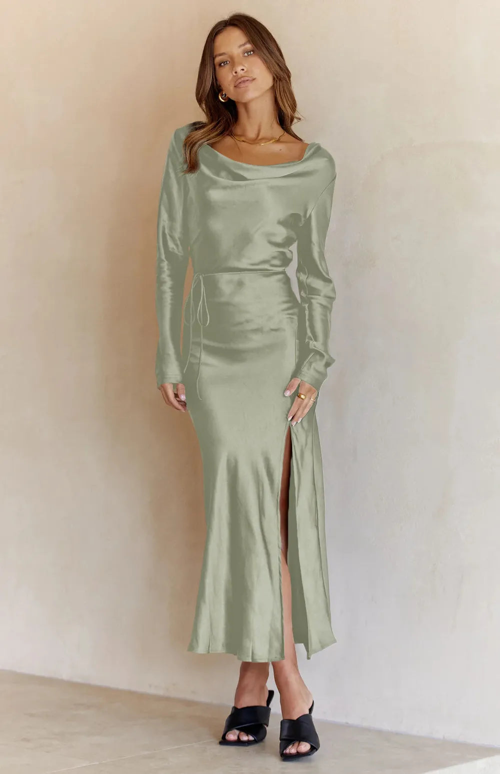 Cowl Neck Long Sleeve Maxi Dress