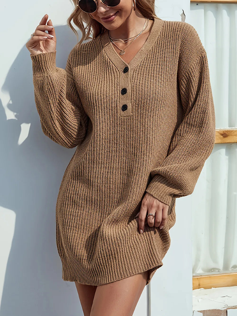 V-Neck Dropped Shoulder Mini Sweater Dress