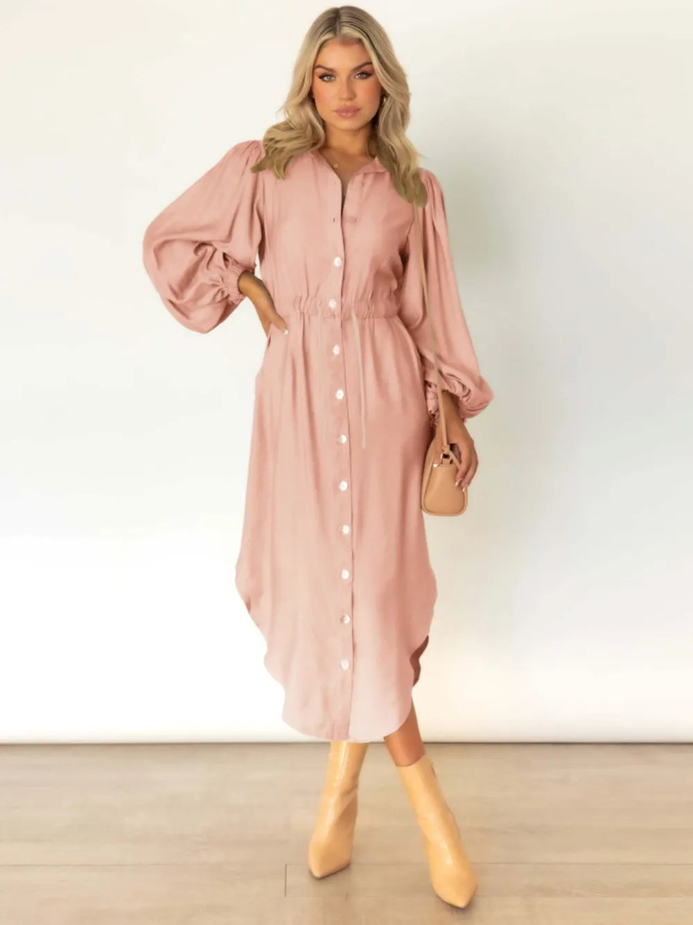 Drawstring Button Up Balloon Sleeve Dress