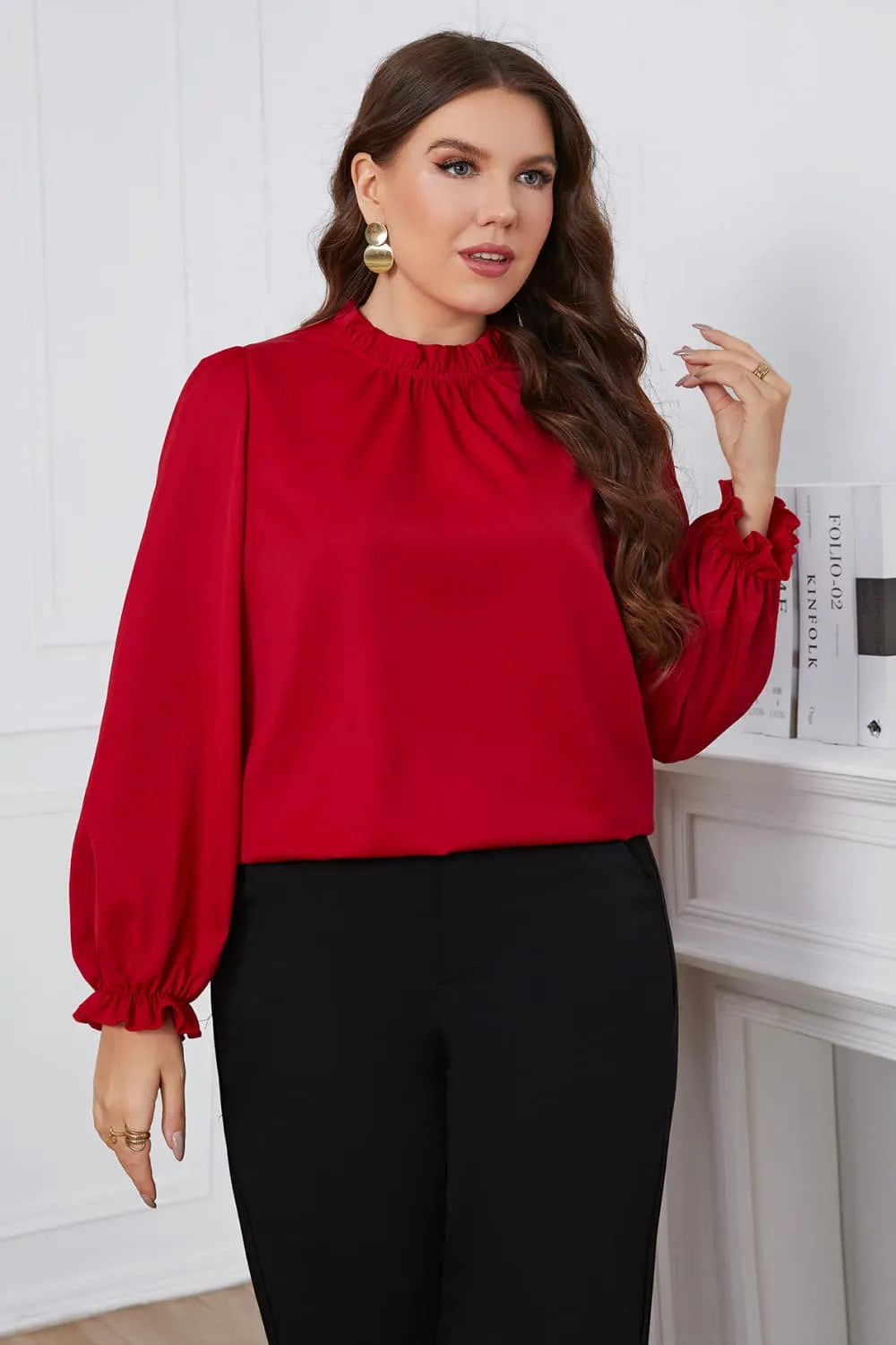 Melo Apparel Plus Size Frill Trim Flounce Sleeve Round Neck Blouse