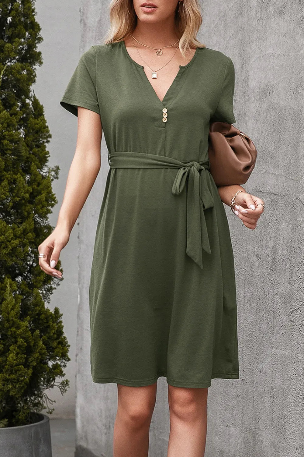 Solid Notched Neck Belted Dress