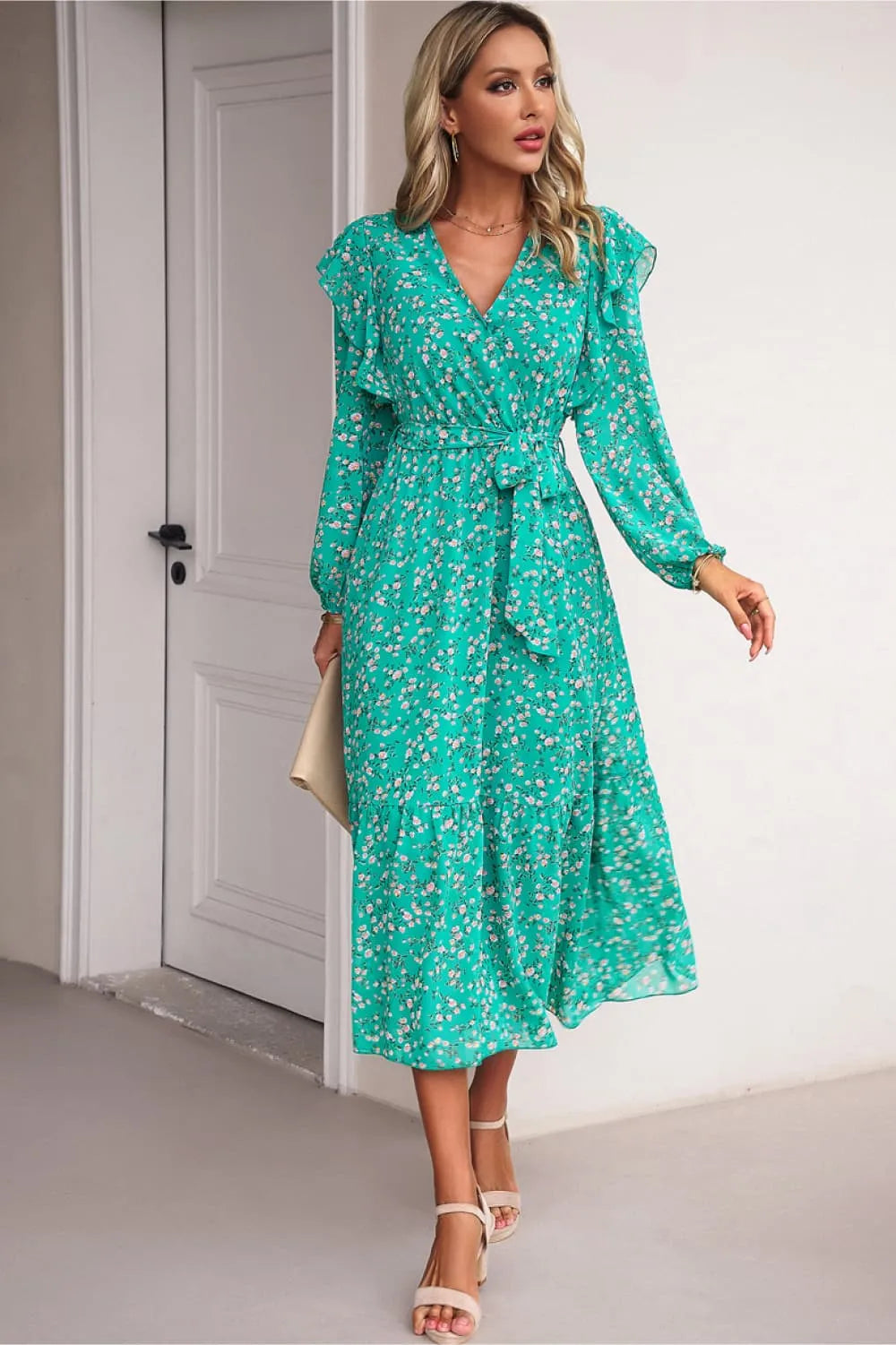 Surplice Neck Balloon Sleeve Midi Dress