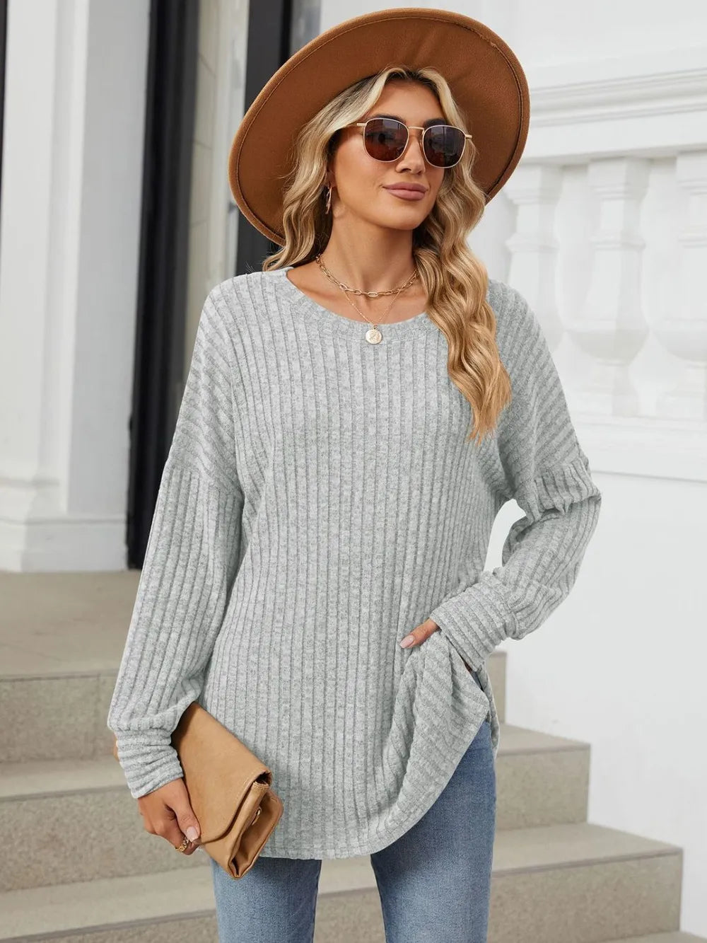 Ribbed Round Neck Long Sleeve T-Shirt
