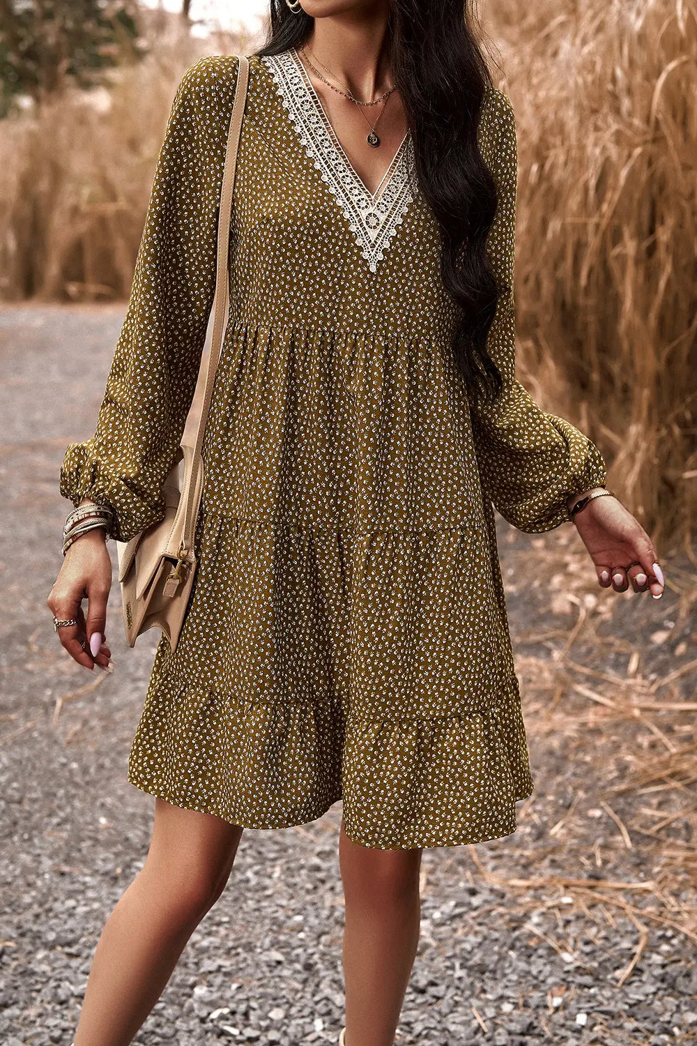 Lace Trim V-Neck Long Sleeve Dress