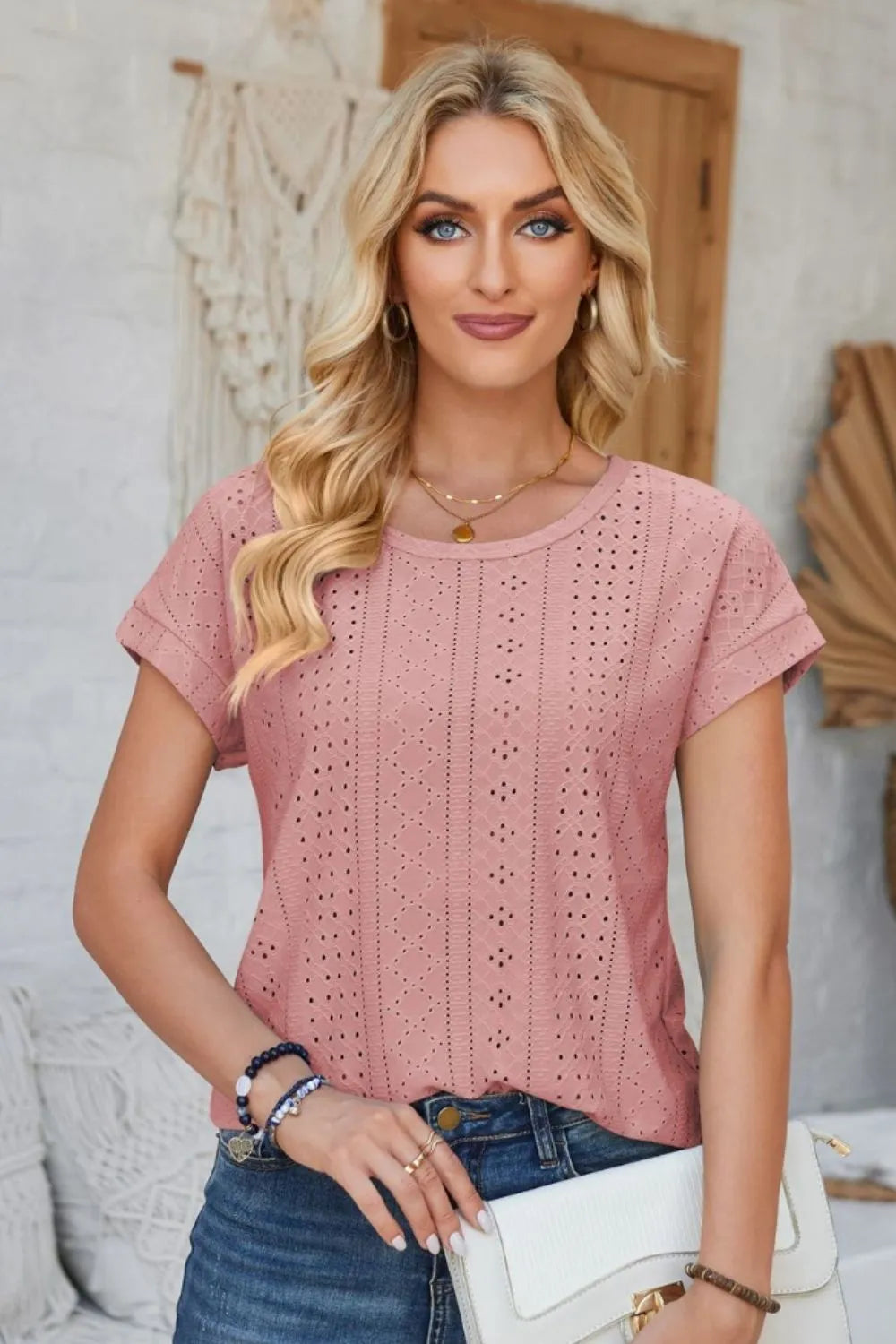 Eyelet Round Neck Rolled Short Sleeve T-Shirt