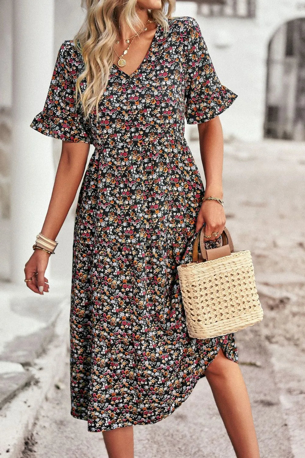 Floral V-Neck Flounce Sleeve Midi Dress