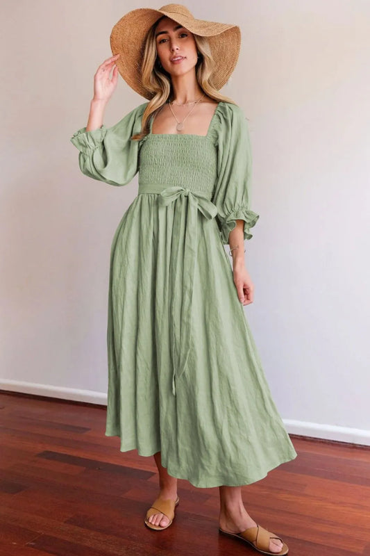 Smocked Square Neck Flounce Sleeve Dress