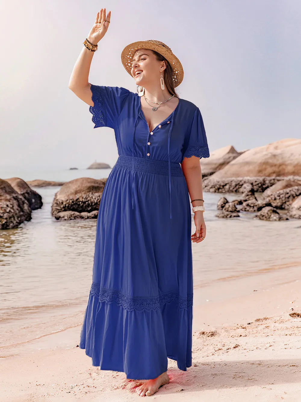 Plus Size Lace Detail Tie Neck Short Sleeve Maxi Dress