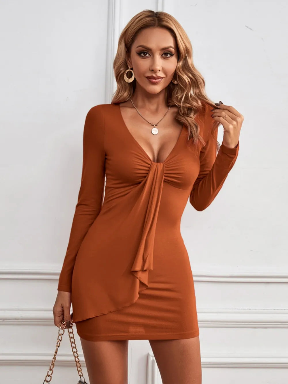 Plunge Long Sleeve Mini Dress