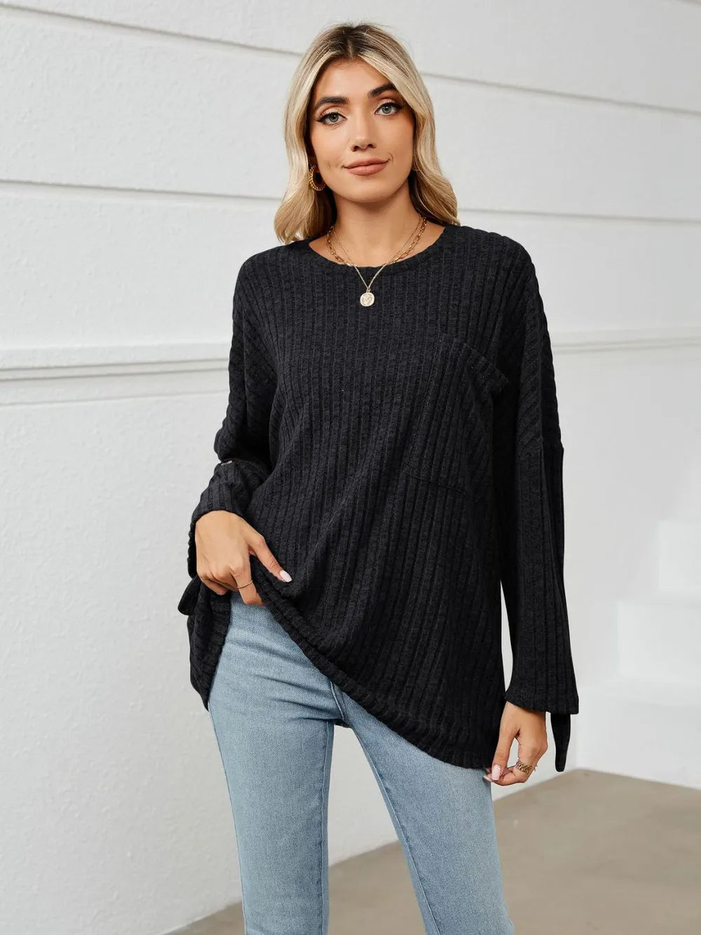 Round Neck Ribbed Long Sleeve T-Shirt