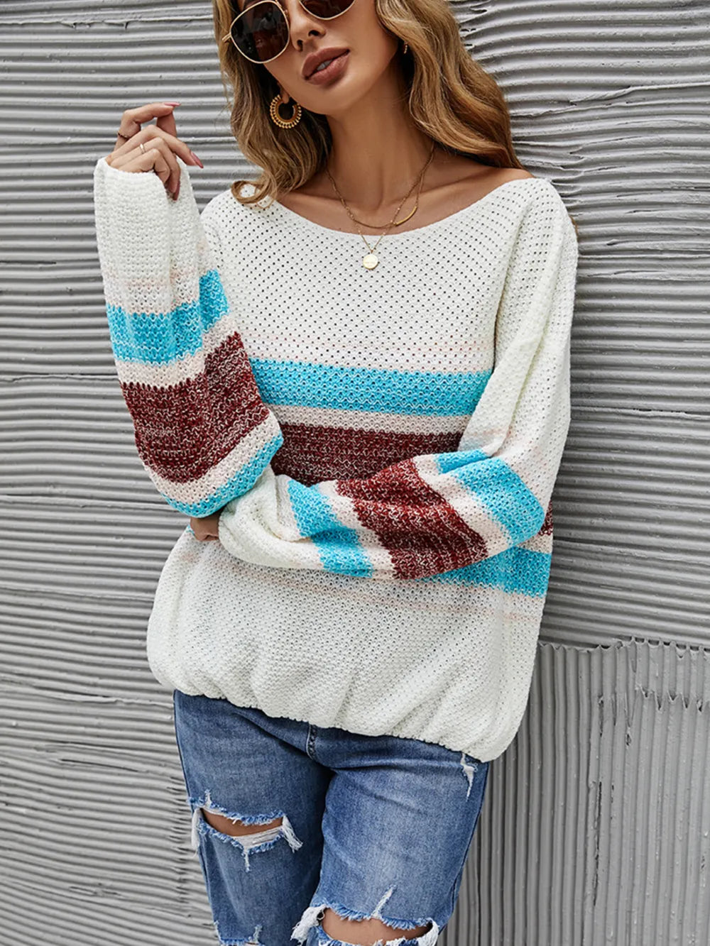 Color Block Boat Neck Knit Top