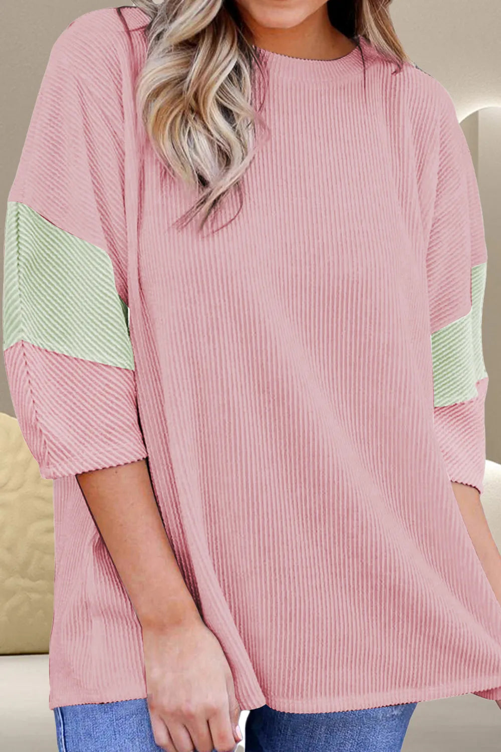 Color Block Round Neck Three-Quarter Sleeve Blouse