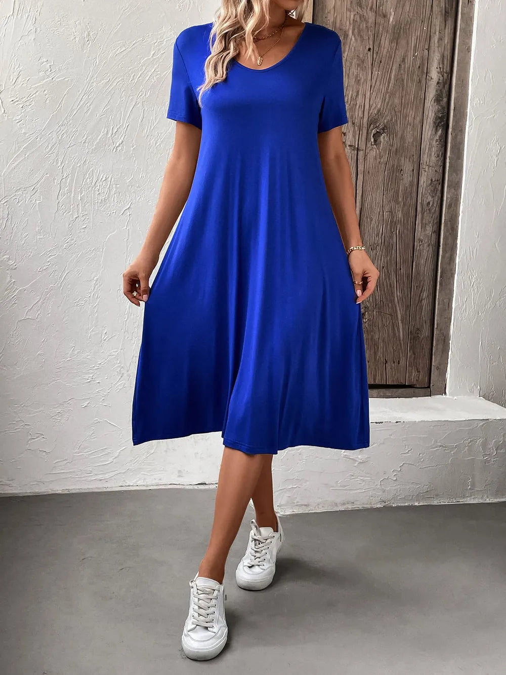 Short Sleeve A-Line Midi Dress