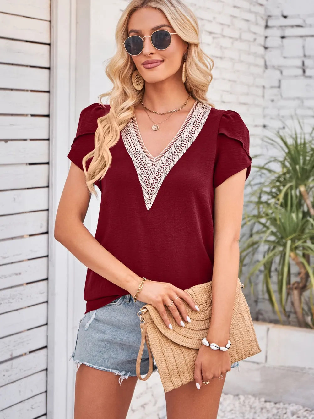 V-Neck Petal Sleeve Blouse