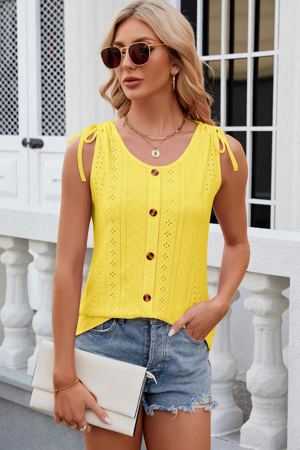 Eyelet Round Neck Wide Strap Tank