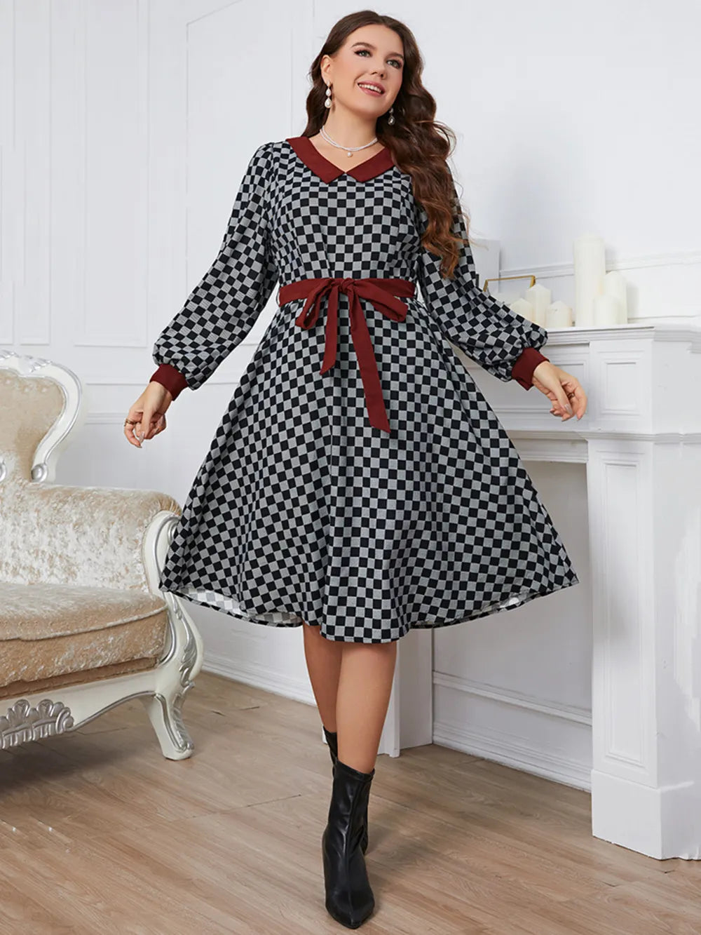 Plus Size Plaid V-Neck Long Sleeve Dress