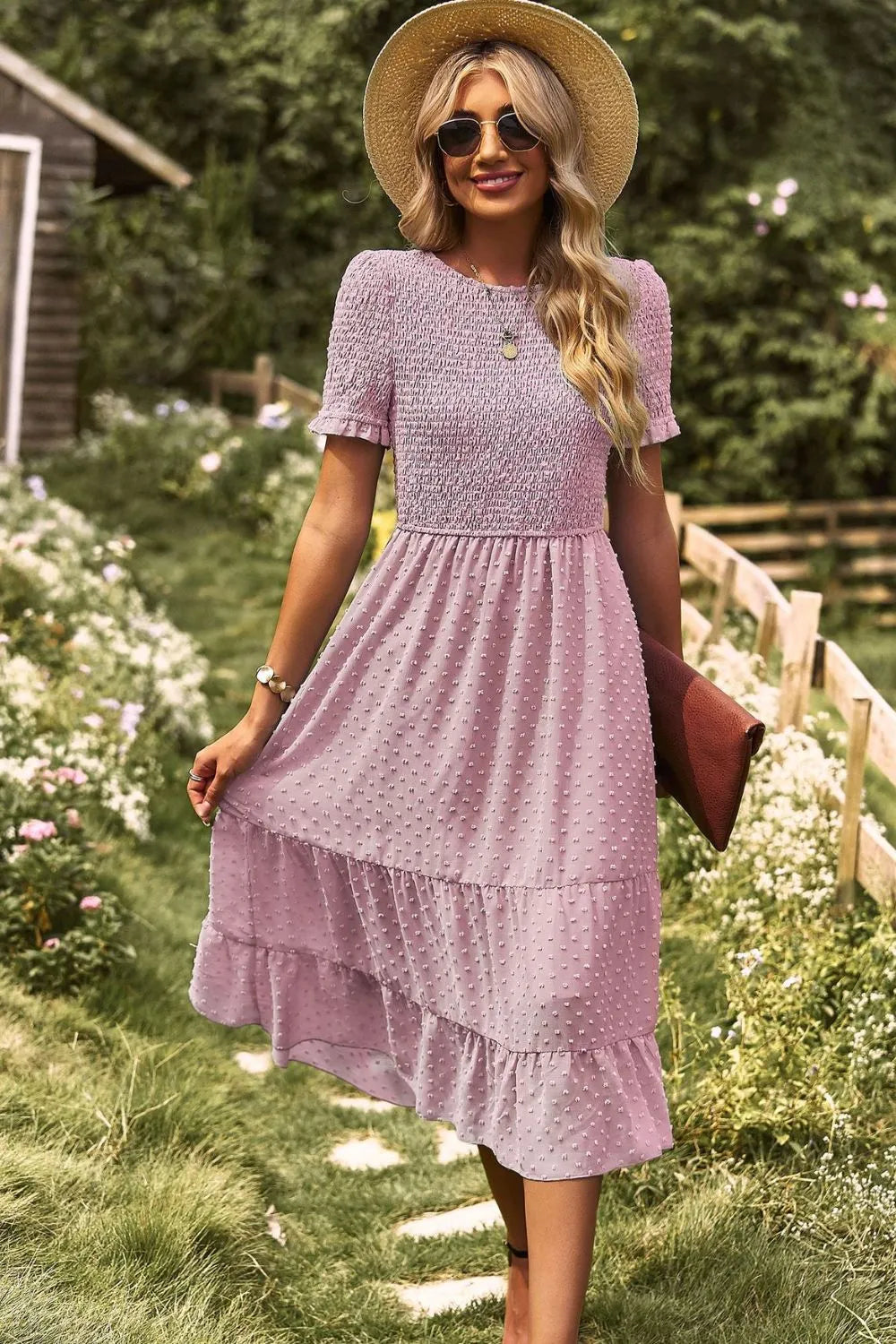 Swiss Dot Smocked Round Neck Short Sleeve Midi Dress