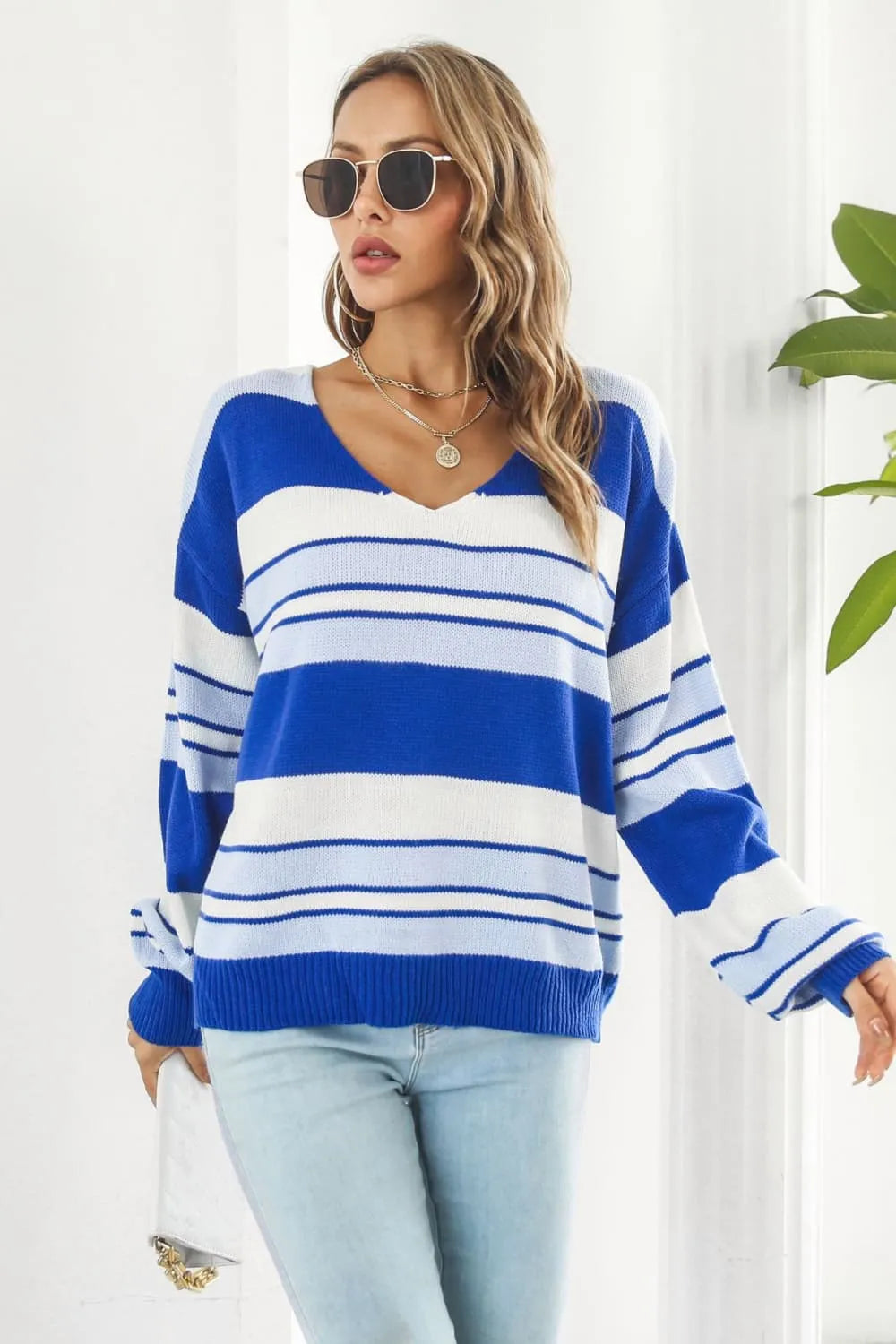 Striped V-Neck Dropped Shoulder Sweater