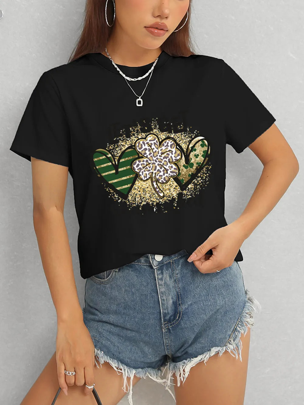 Lucky Clover Round Neck Short Sleeve T-Shirt