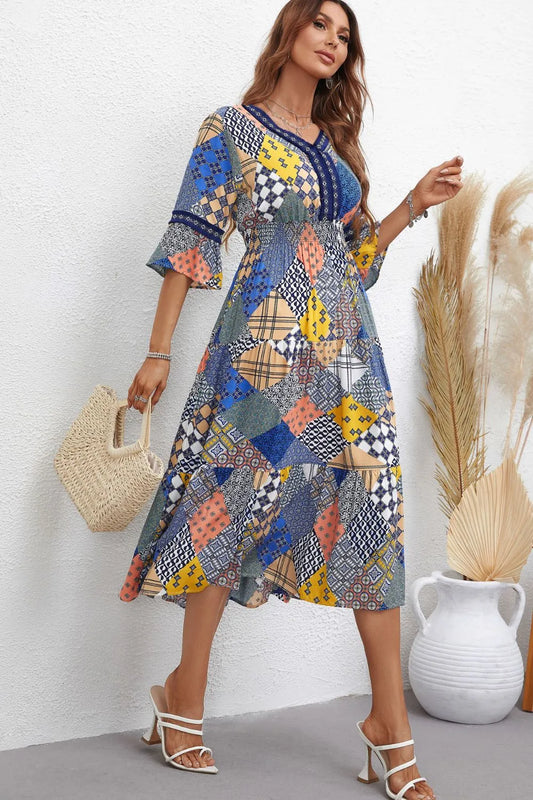 Patchwork V-Neck Tiered Midi Dress