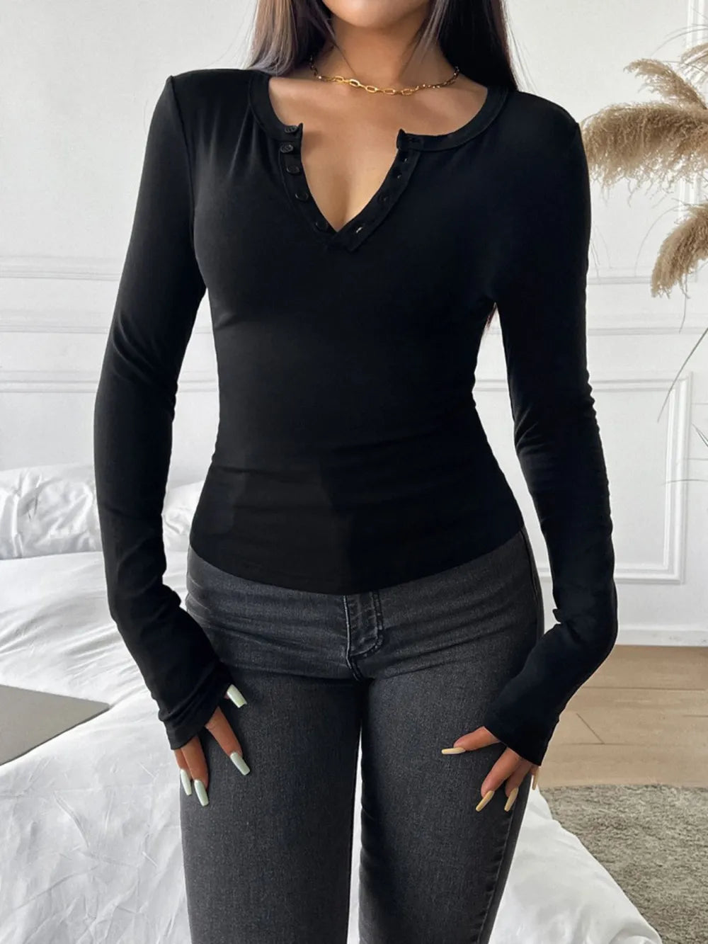 Quarter Button Long Sleeve T-Shirt