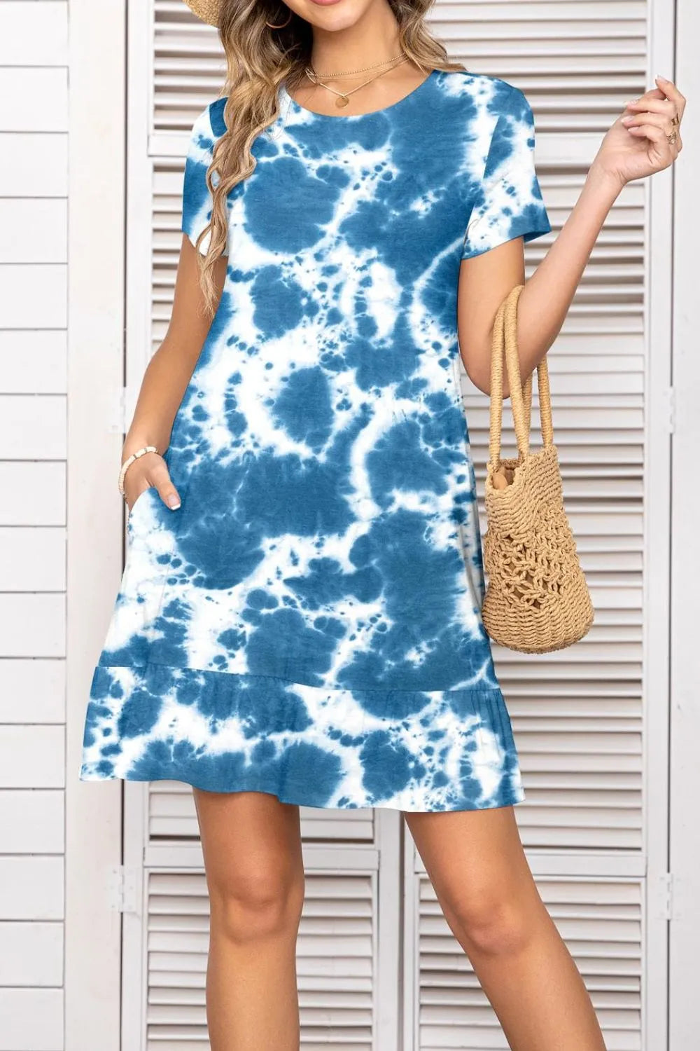 Printed Round Neck Short Sleeve Mini Dress with Pockets