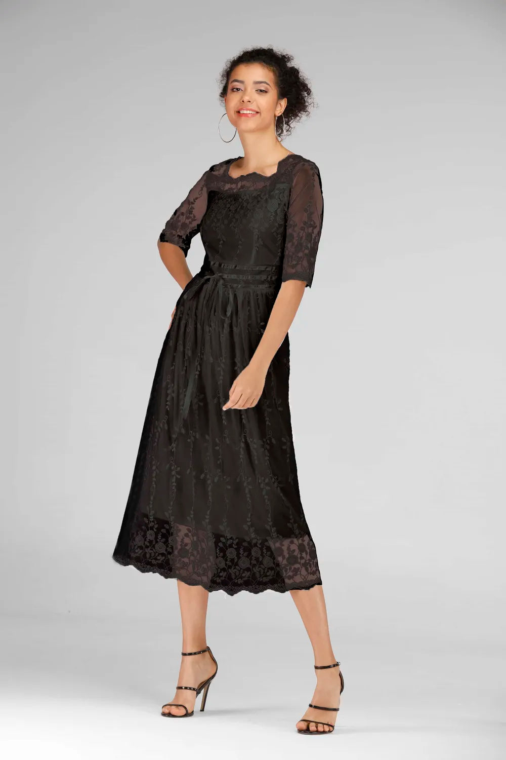 Scalloped Lace Half Sleeve Midi Dress