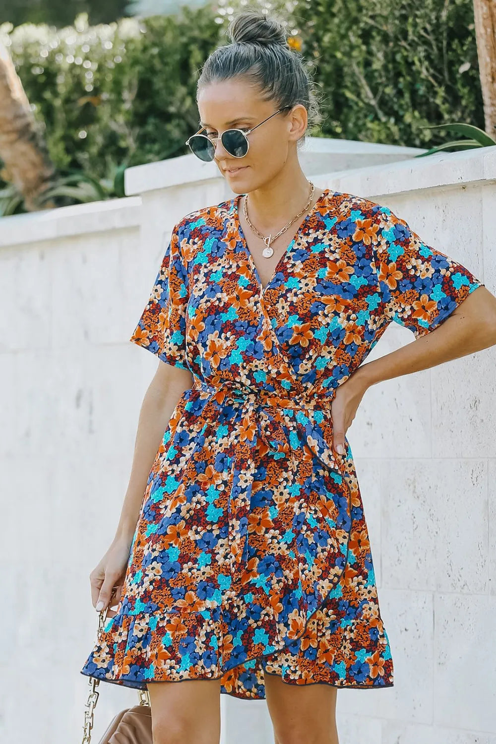 Floral Tie Waist Surplice Mini Dress